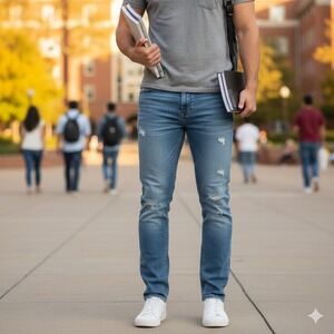 Zara BLUE Denim STRETCH Jeans MenS Size 31 Slim Fit Skinny DISTRESSED MID RISE